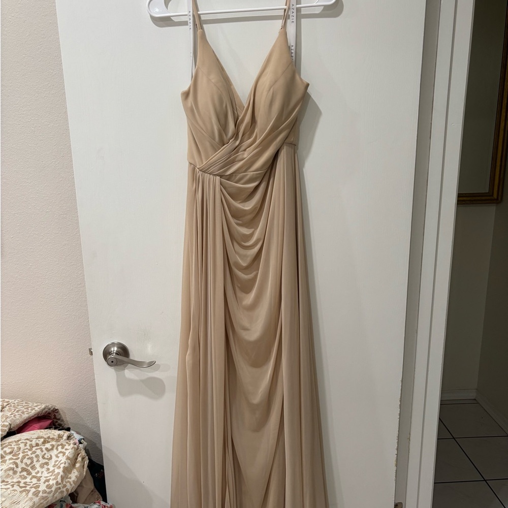 Azazie Cream Nude Maxi Gown Spaghetti Strap Plunge